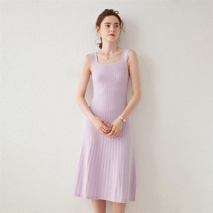 Square Cut Collar Sleeveless Cashmere Dress For Women