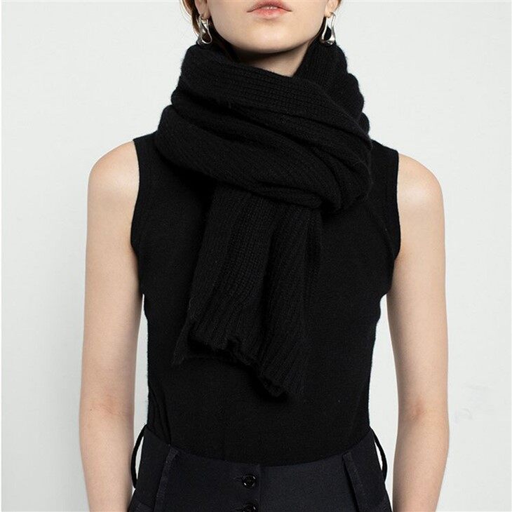 Unisex Solid Color 100% Cashmere Ribbed Knit Scarf