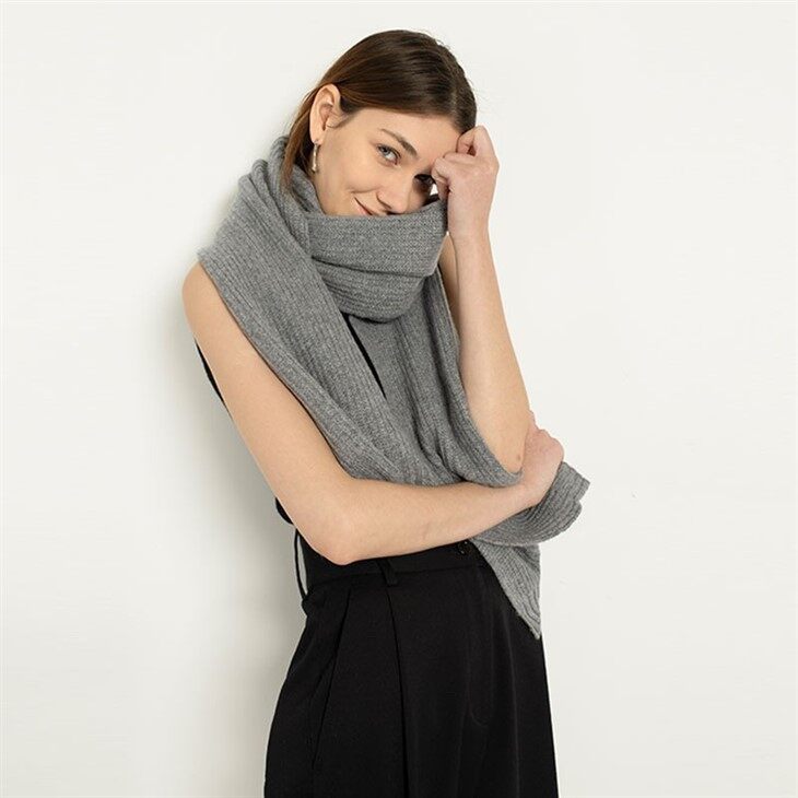 Unisex Solid Color 100% Cashmere Ribbed Knit Scarf