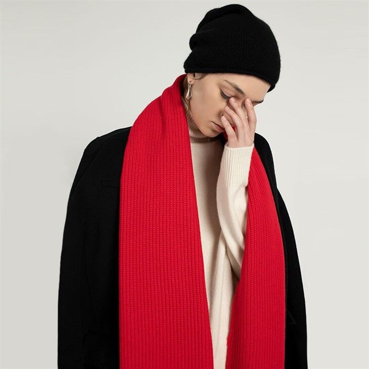 Unisex Solid Color 100% Cashmere Ribbed Knit Scarf