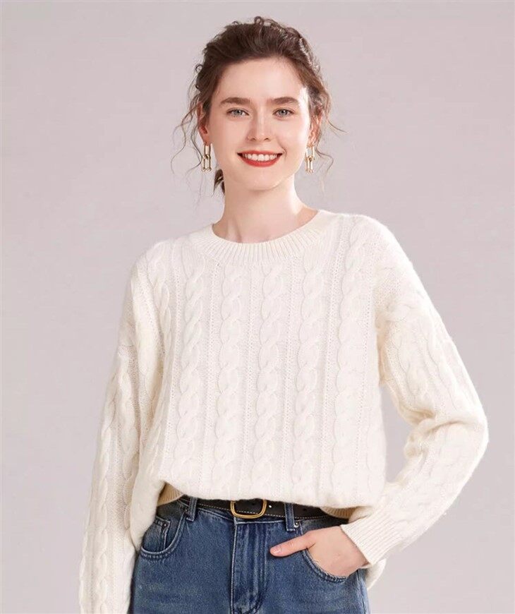Wholesale Custom Cashmere Wool Long Sleeve Cable Knit Sweater For Woman