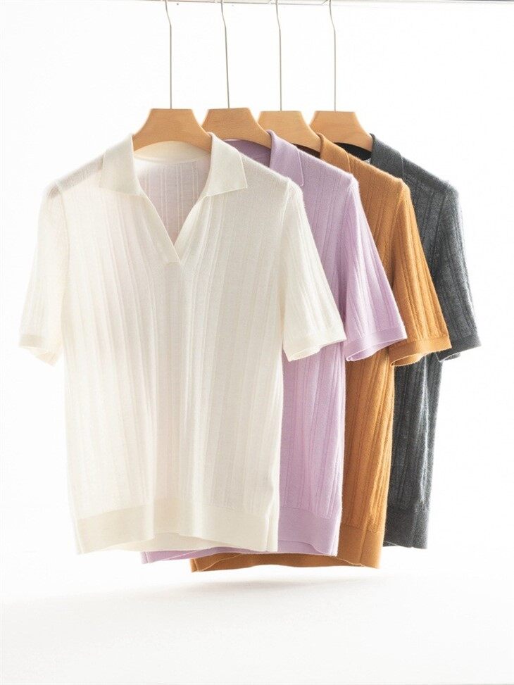 Womans Worsted Cashmere Short Sleeve Shirt Collar Sweater