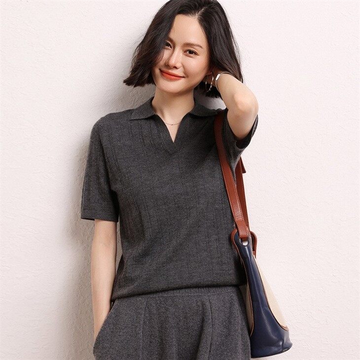 Womans Worsted Cashmere Short Sleeve Shirt Collar Sweater
