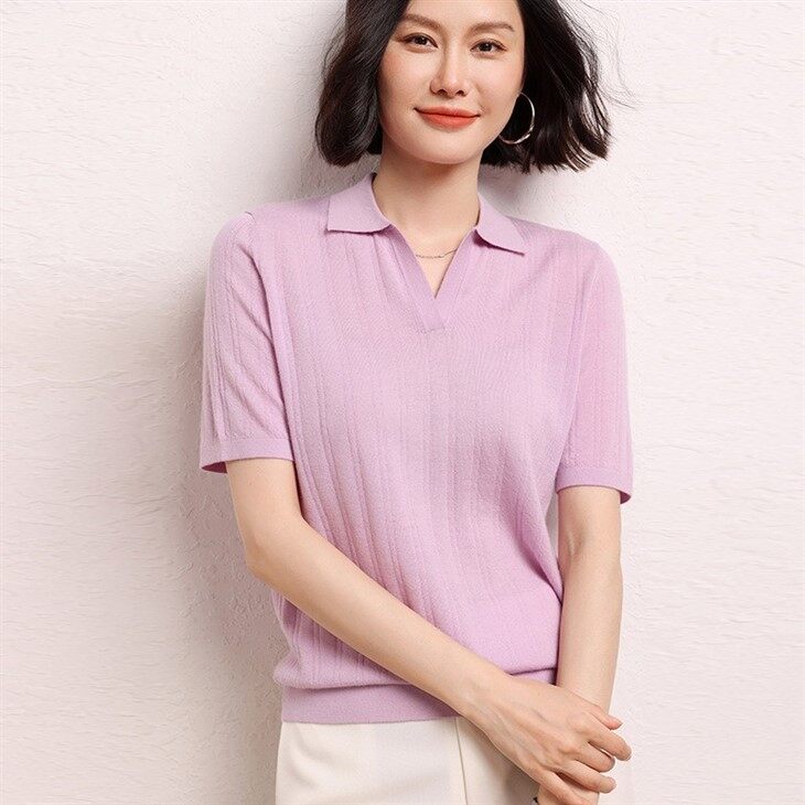 Womans Worsted Cashmere Short Sleeve Shirt Collar Sweater