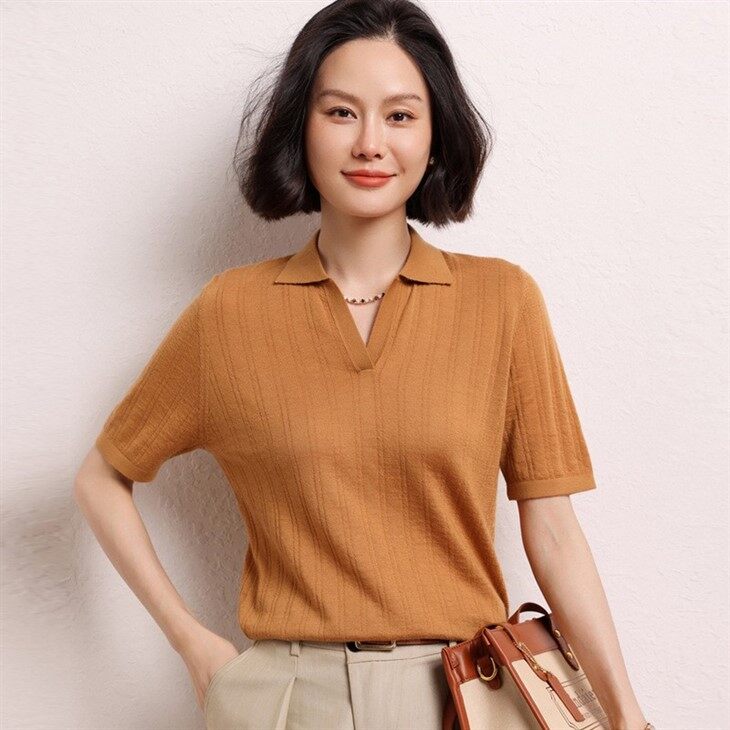 Womans Worsted Cashmere Short Sleeve Shirt Collar Sweater