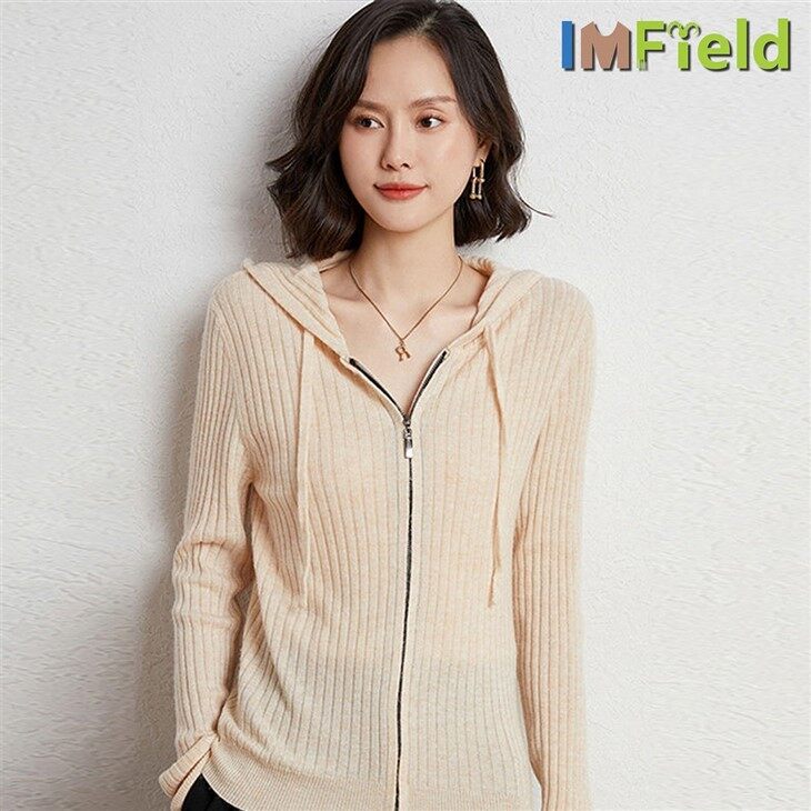 Women Long Sleeve Casual 100 % Cashmere Zip Hoodie