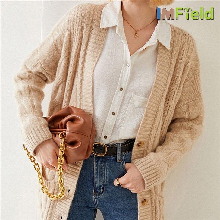 Women Loose Knit Medium Length Cashmere Merino Wool Cardigan Sweater