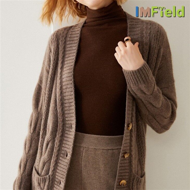 Women Loose Knit Medium Length Cashmere Merino Wool Cardigan Sweater