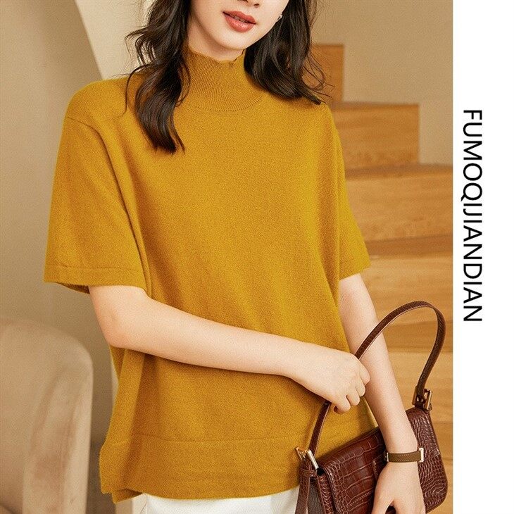 Womens Halfneck Short Sleeved 100% Cashmere Pullover Sweater