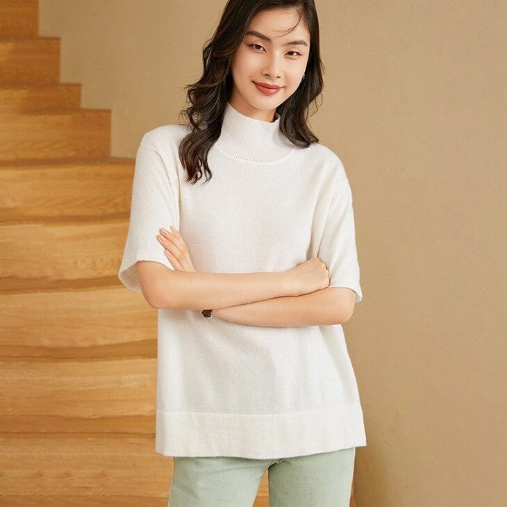 Womens Halfneck Short Sleeved 100% Cashmere Pullover Sweater