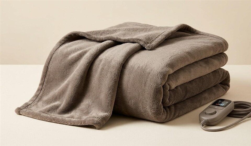 Full size heated blanket in soft flannel with controller, folded for product display