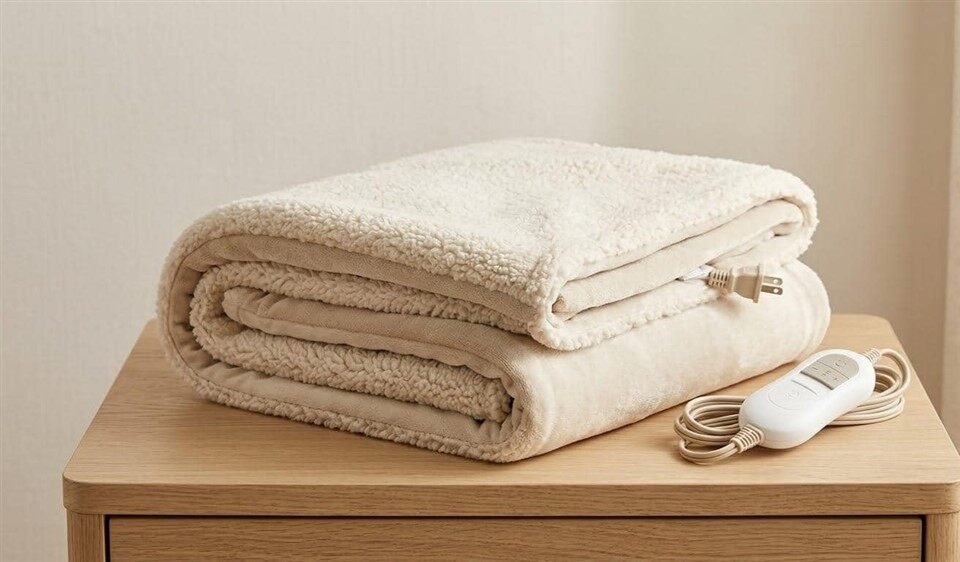 Full size sherpa heated blanket with single controller in a clean studio setting