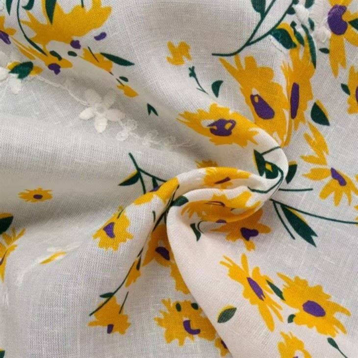 Tencel Linen Floral Print Embroidered Fabric factory