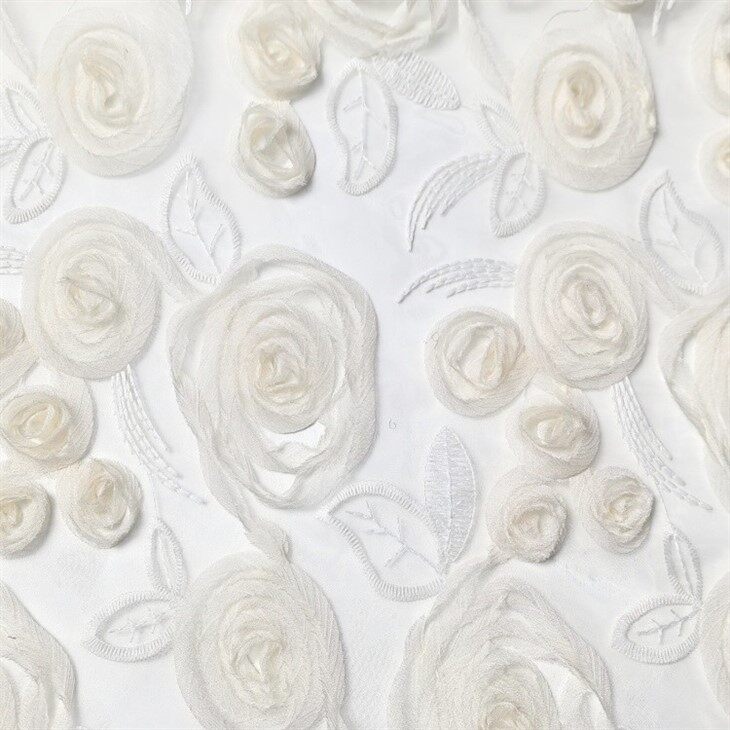White Polyester Rosette Embroidery Sheer Fabric
