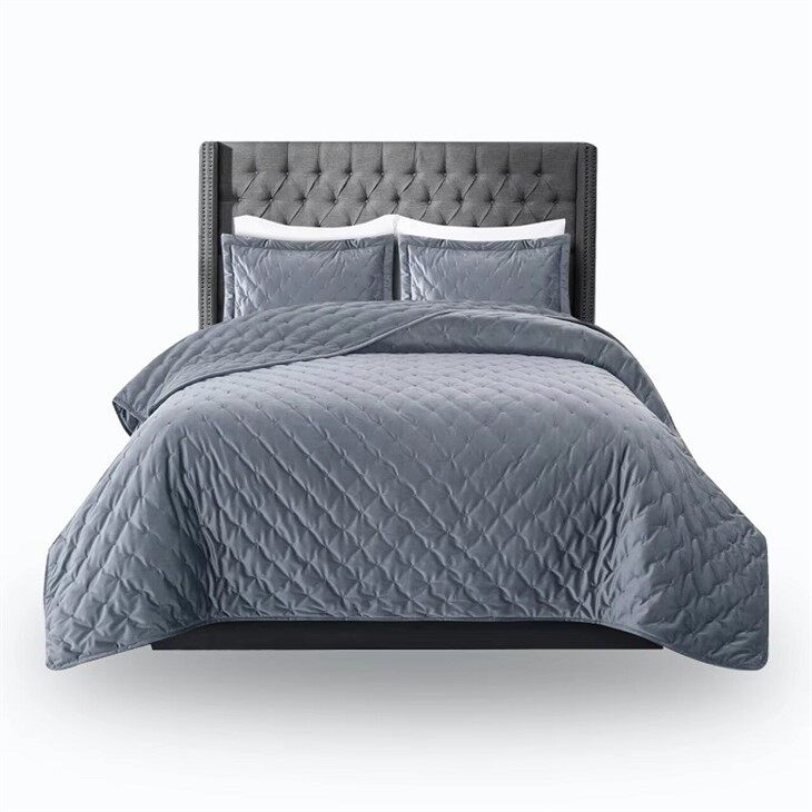 Luxury Embroidered Velvet Quilt Set-Grey
