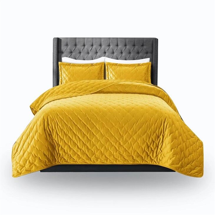 Luxury Embroidered Velvet Quilt Set-Yellow