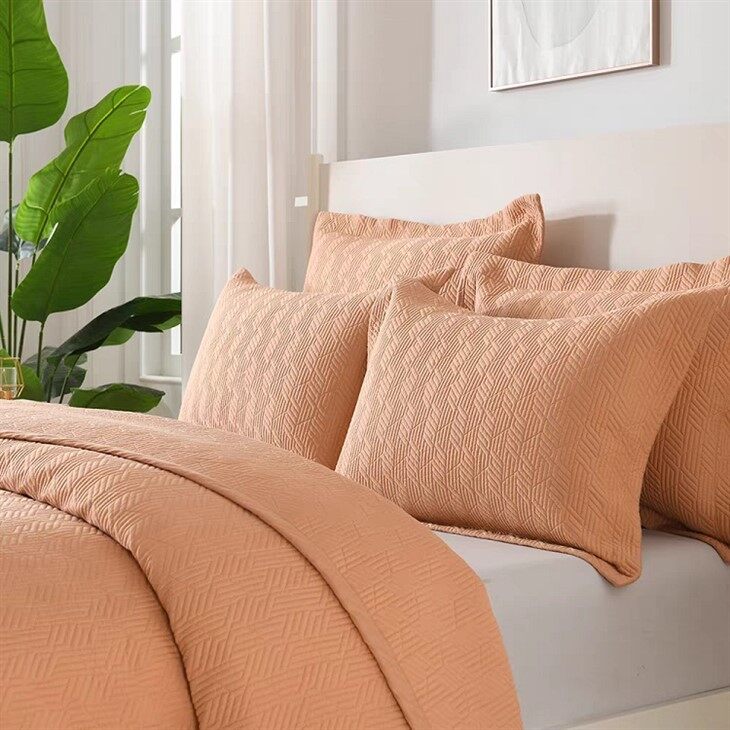 Solid Embroidered Cotton Quilt Set-Orange