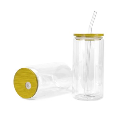 500ml Glass Straw Cola Cup With Wooden Lid