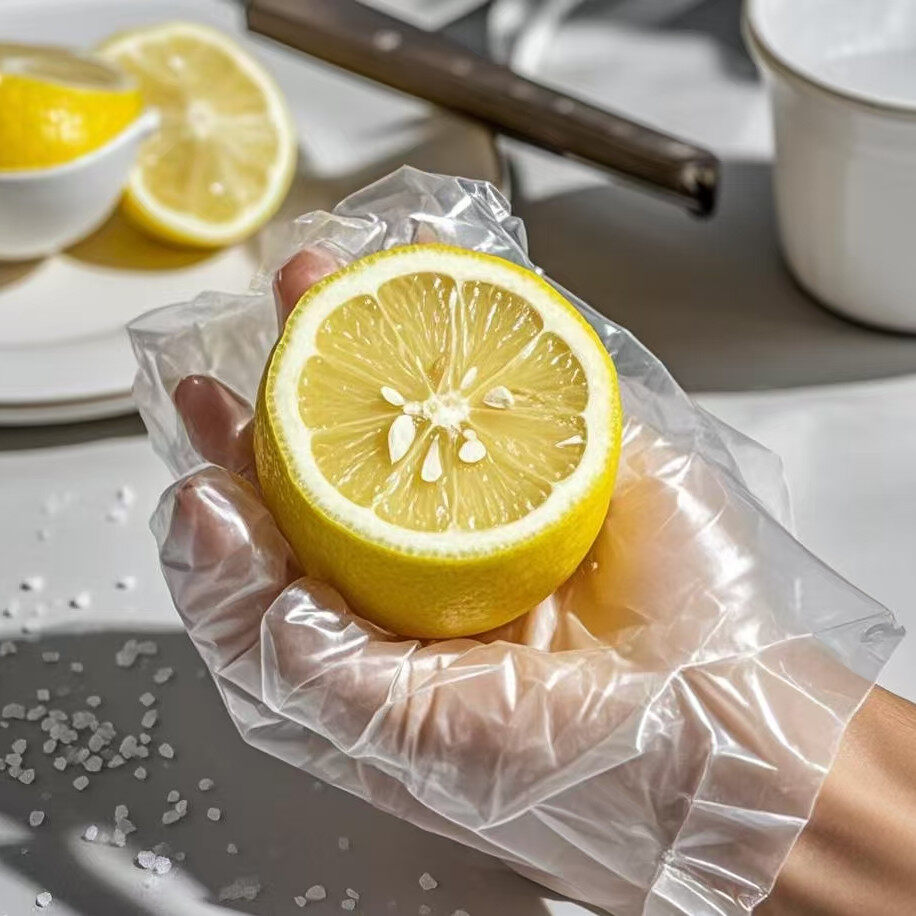 Luvas de plástico transparente para manuseio de alimentos