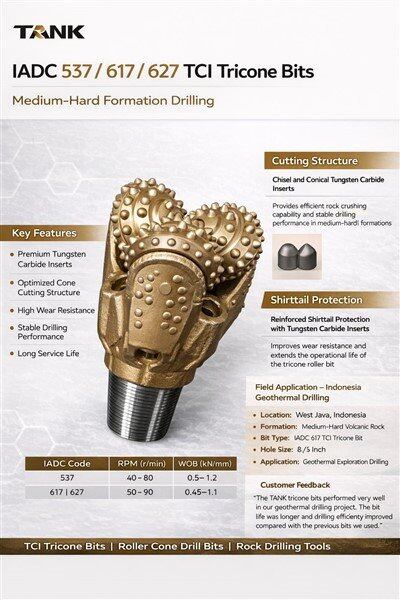 IADC 537 / 617 / 627 TCI Tricone Bits Għal Tħaffir ta' Formazzjoni Iebsa-Medju