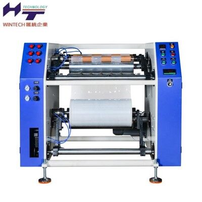 Máquina cortadora y rebobinadora de película estirable semi-automática